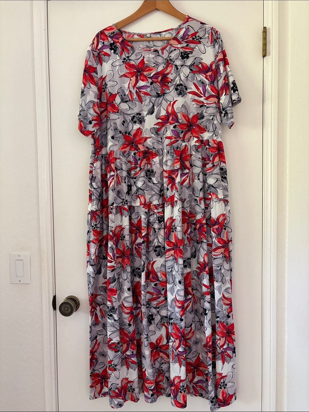 Floral Maxi Dress in Red, Purple and Gray Cotton Comfy Long Cotton Dress XXL